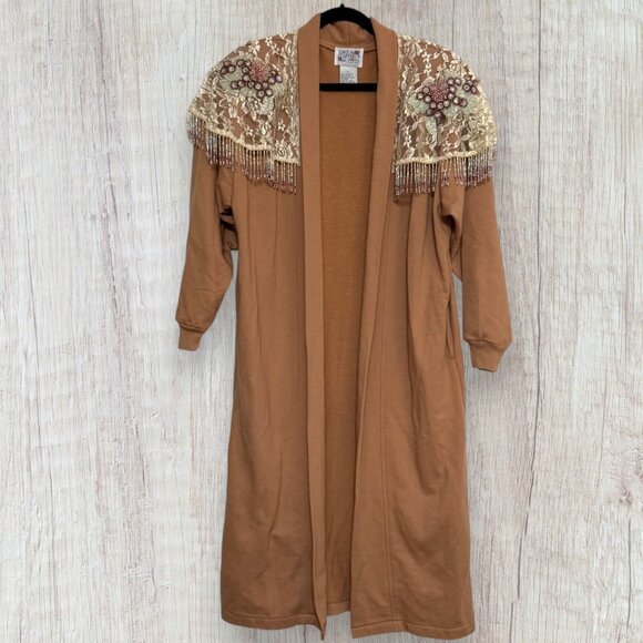 Vintage 80s Lacy Afternoon Shell Kepler Beaded Lace Trim Duster Jacket Brown L - Picture 1 of 8